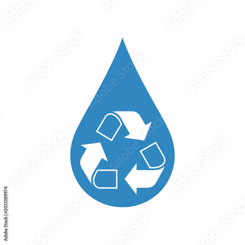 Blue water drop with recycling symbol icon on white background