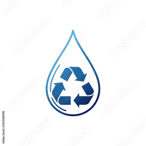 Blue water drop with recycling symbol on white background