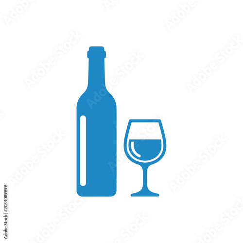 Blue wine bottle and glass icon on white background