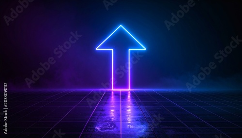 Glowing neon arrow pointing up on reflective gridded dark floor