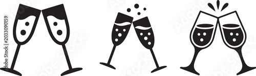 Tableau sur toile Champagne, celebration icon collection with clinking drink glasses representing weddings, anniversaries, and special occasions suitable for hospitality graphics and greeting designs