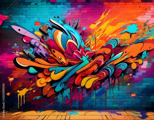 a colorful graffiti art piece on a brick wall