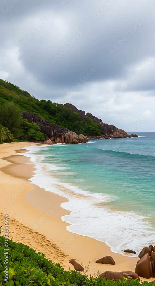 Obraz premium Serene tropical beach with golden sand, turquoise waves, lush green hills, and granite rocks