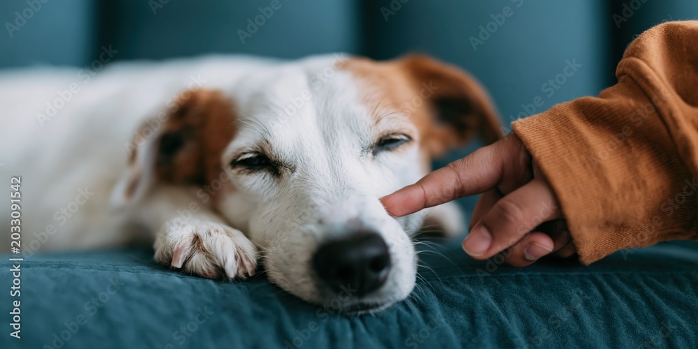 Obraz premium Small dog resting while finger touches face on sofa