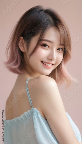 Portrait of a cute girl smiling. Beautiful bare face, beauty image, white teeth, pastel colors.　笑顔のかわいい女の子のポートレート。美しい素顔、美容イメージ、白い歯、パステルカラー。
