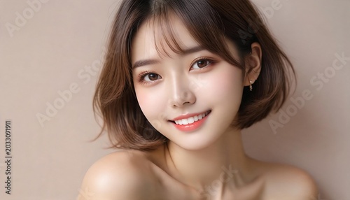 Portrait of a cute girl smiling. Beautiful bare face, beauty image, white teeth, pastel colors.　笑顔のかわいい女の子のポートレート。美しい素顔、美容イメージ、白い歯、パステルカラー。