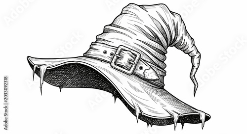 Detailed black and white line art illustration of a weathered witch hat.