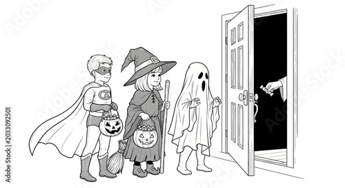 Foto Three children dressed in Halloween costumes standing at a doorway
