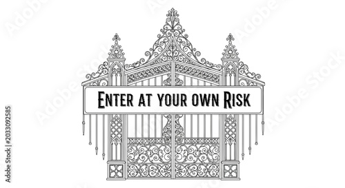 Cuadro en lienzo Ornate wrought iron gate illustration with warning sign text.
