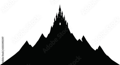 Canvas Print A dark silhouette of a majestic castle perched atop a jagged mountain peak
