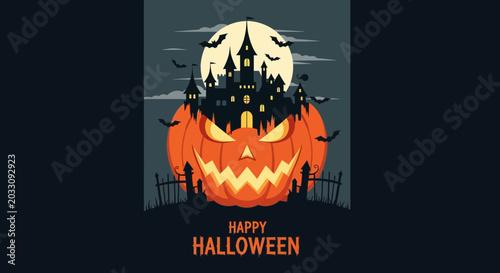 Tableau sur toile Spooky Halloween pumpkin with a haunted castle silhouette and full moon