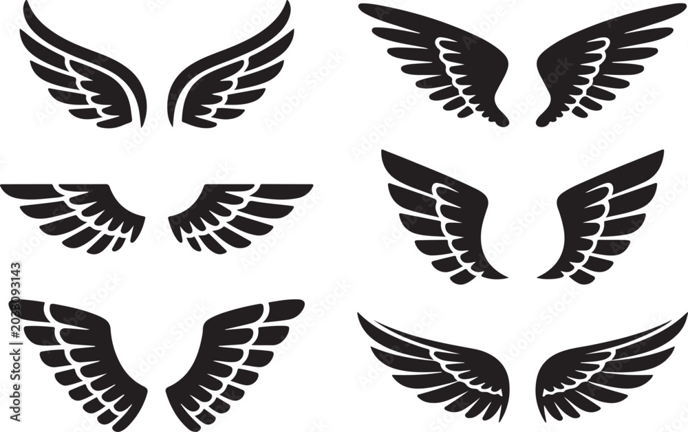Naklejka premium Black stylized wings vector set with variations
