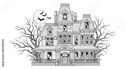 Obraz na plátně Intricate line art illustration of a spooky Victorian haunted mansion
