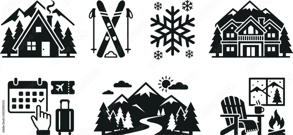 Fototapeta premium Winter Holiday Icons: Cabin, Skiing, Snowflake, Mountains, Travel, Cozy Scene
