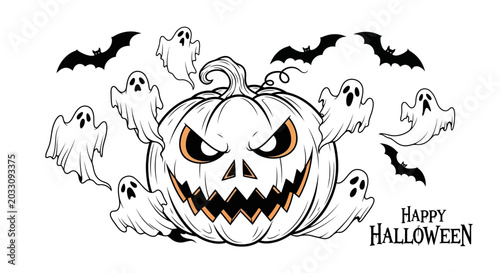 Konstfotografi A spooky hand drawn illustration featuring a menacing jack o lantern surrounded by ghosts and bats