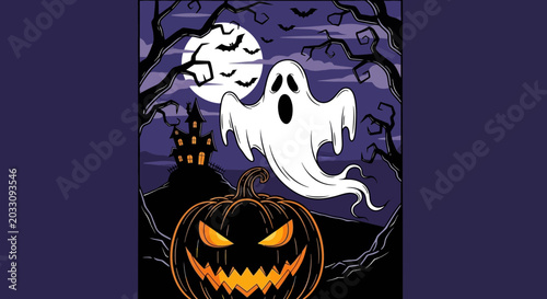 Fotografie A spooky white ghost hovering above a glowing jack o lantern pumpkin