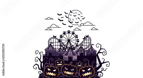 Fotografía Spooky Halloween carnival scene with glowing jack o lanterns and a ferris wheel