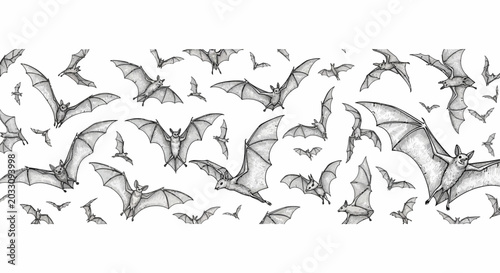 A detailed hand drawn illustration featuring a swarm of flying bats in various poses.