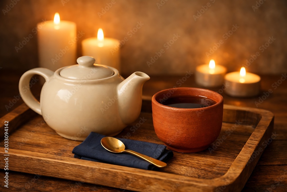 Fototapeta premium Cozy Tea Moment with Ceramic Teapot and Clay Cup by Candlelight