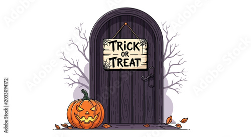 Spooky Halloween door with a carved jack o lantern pumpkin.