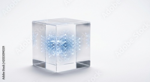 Transparent crystal glass cube containing a glowing neon blue neural network data matrix structure isolated on a white background.