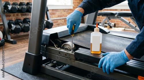 Professional Technician Repairing Treadmill Belt with Screwdriver and Lubricant Oil Bottle Wearing Blue Gloves in Gym Fitness Equipment Maintenance Service