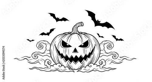Cuadro en lienzo Spooky hand drawn jack o lantern pumpkin with flying bats and swirling mist