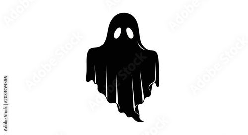 A minimalist black silhouette of a spooky ghost with hollow eyes.