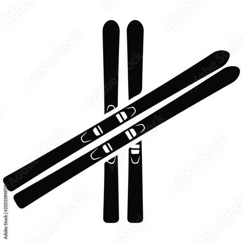 Two pairs of skis crossed in simple black silhouette illustration vector icon set graphics.