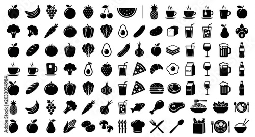 Black silhouette food and drink icon vector set isolated on white background