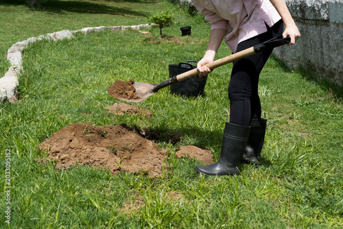 Fotografi A woman wearing rubber boots and black leggings uses a shovel to dig up soil from a lawn, creating a pile of dirt for planting