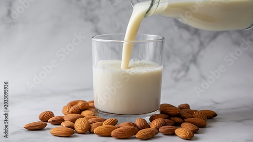 Almond milk being poured into a glass with almonds on marble surface