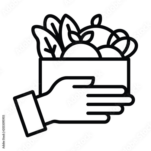 Fresh vegetables being held in a hand delivery box outline vector icon representing healthy food shopping grocery service concept.