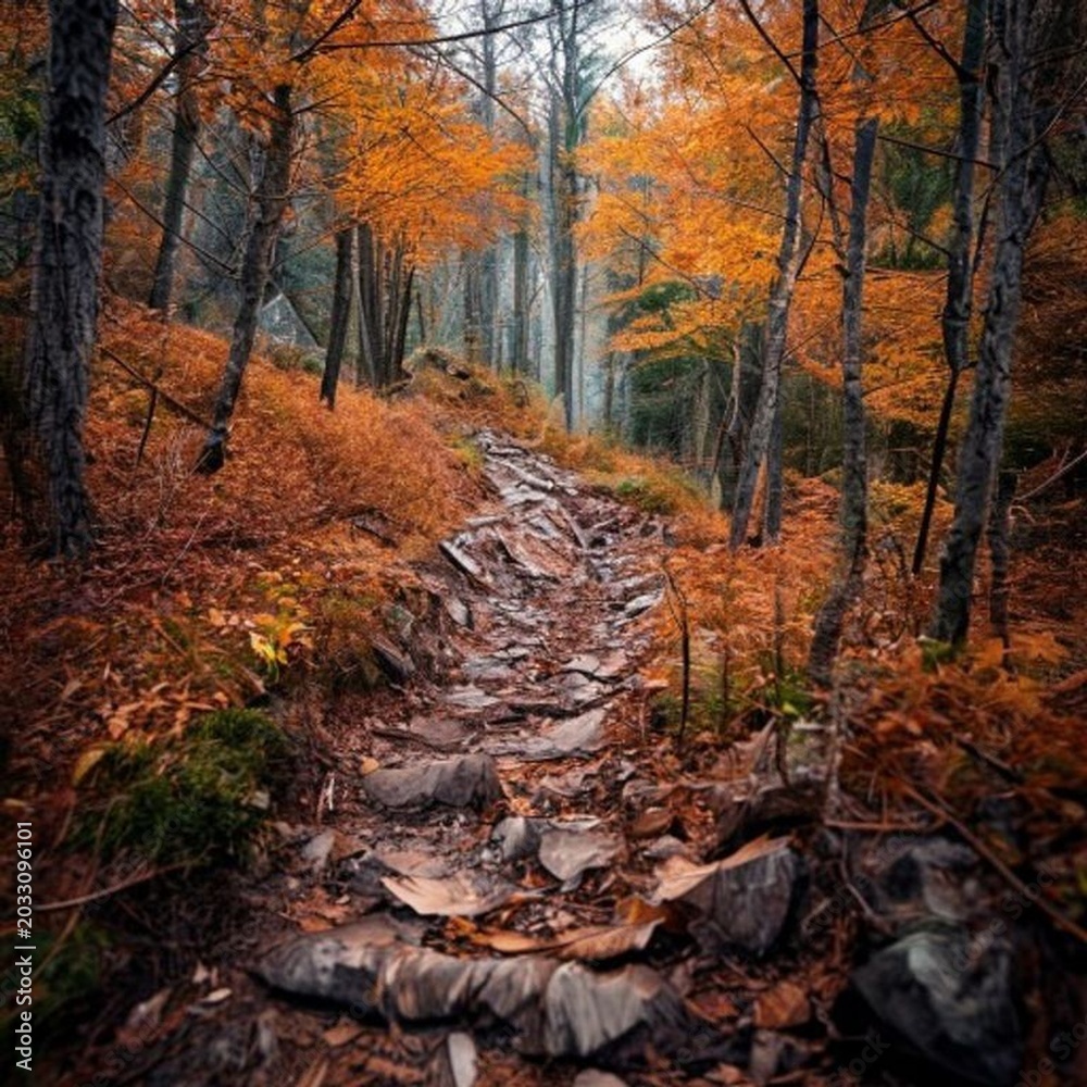 Obraz premium mountain hiking trail through autumn forest adventure travel
