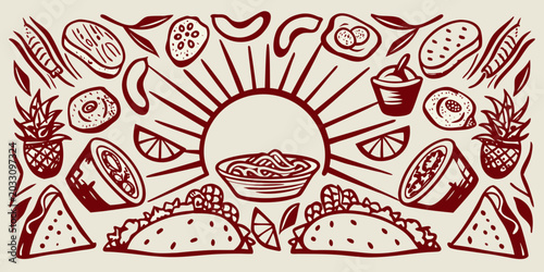 Bild auf Leinwand Mexican Food Illustration With Tacos Guacamole And Citrus Red Line Art