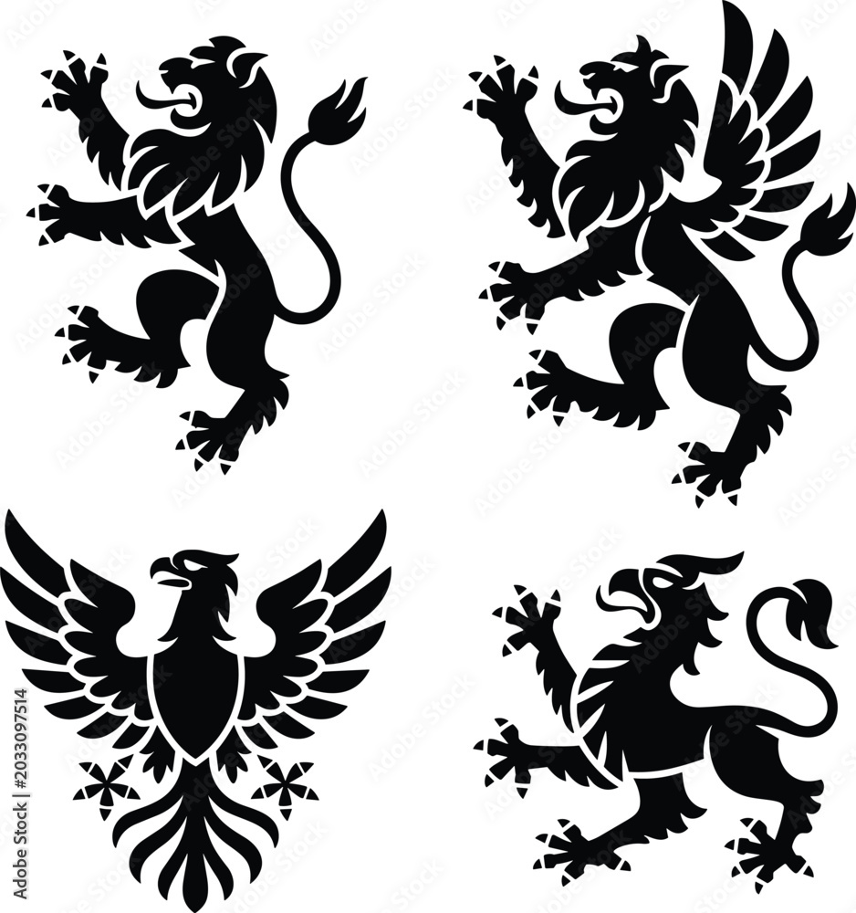 Fototapeta premium Heraldic Griffin and Lion Crest Silhouette Collection with Winged Emblems Isolated on White Background