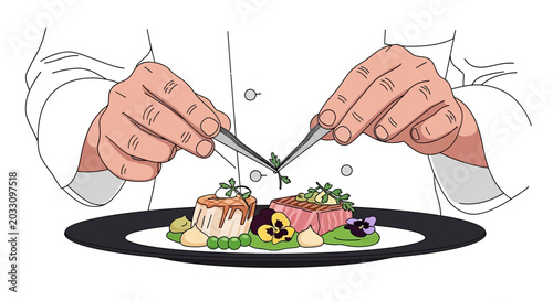 Billede på lærred A professional chef carefully plating a gourmet dish with culinary tweezers