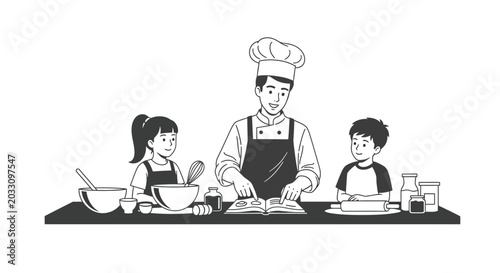 Schilderij op canvas A professional chef teaching a young girl and boy how to bake in a kitchen