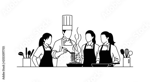 Quadro em tela A professional chef teaching three students how to cook in a kitchen