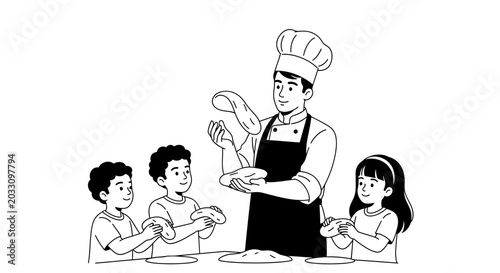 Tableau sur toile A professional chef teaching three children how to knead and toss pizza dough
