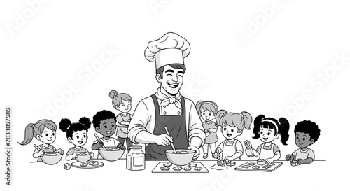 Bilde på lerret A cheerful chef teaching a group of diverse children how to bake in a kitchen