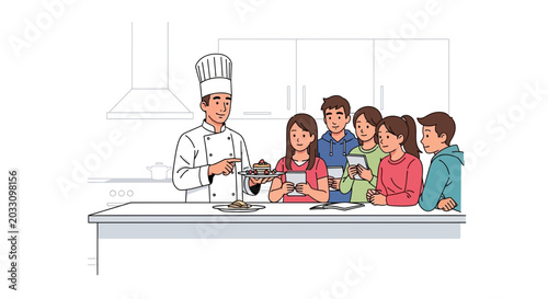 Obraz na płótnie A professional chef teaching a group of children how to cook in a kitchen