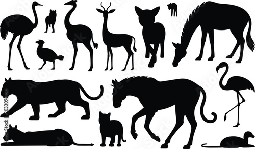 Fotografie Wild Animal Silhouette Collection Featuring Horse Panther Ostrich Flamingo and S