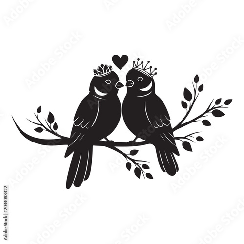 Tablou pe pânză Black bird silhouette vector with crowns and heart on leafy branch for romantic