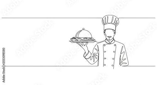 Tableau sur toile A continuous line drawing of a professional chef holding a serving platter with a meal