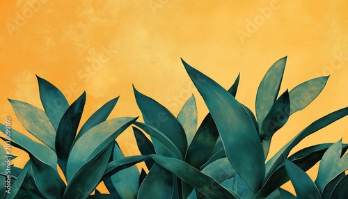 Abstract illustration of green tropical leaves against a yellow background. Modern botanical art with textured foliage. Nature inspired wallpaper