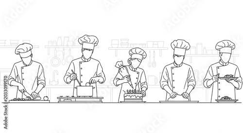 Fotografie A line art illustration featuring five professional chefs working in a kitchen
