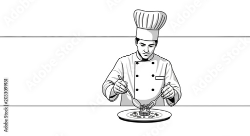 Slika na platnu A professional chef in uniform carefully plating a gourmet dish in a kitchen