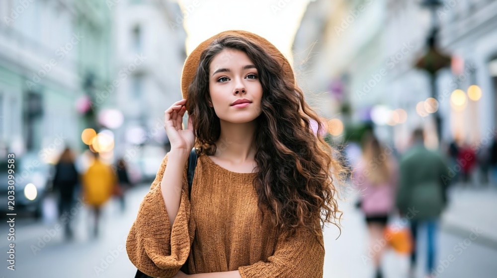 Fototapeta premium A stylish woman confidently strolls down a busy city street, wearing a fashionable brown hat and a warm sweater, embodying urban chic amidst a bustling urban backdrop.
