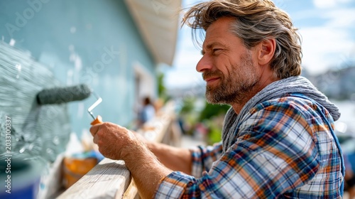 A man focused on painting an exterior wall with a roller, enjoying the sun. His concentration reflects passion and creativity in home improvement.